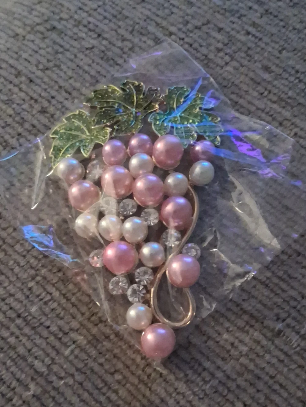 Pink Pearl Grape Cluster Brooch with Green Leaves